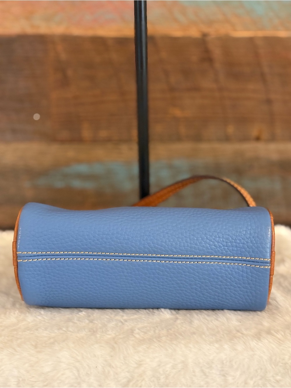 Dooney & Bourke Blue Pebble Leather Mini Barrel Bag with Brown Trim - Picture 6 of 11